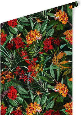 K&L Wall Art Vintage Vliestapete mit tropischen Blumen in Grün und Rot, mehrfarbig und matt - Bild 1