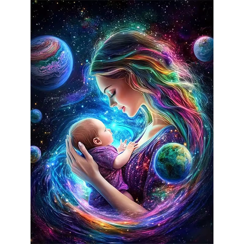 HUACAN Diamantmalerei Mutter und Baby mit Sternenhimmel und Universum, Mosaik 5D Wanddekoration, Rund, Mehrfarbig, Durchmesser: 30 cm - Bild 5