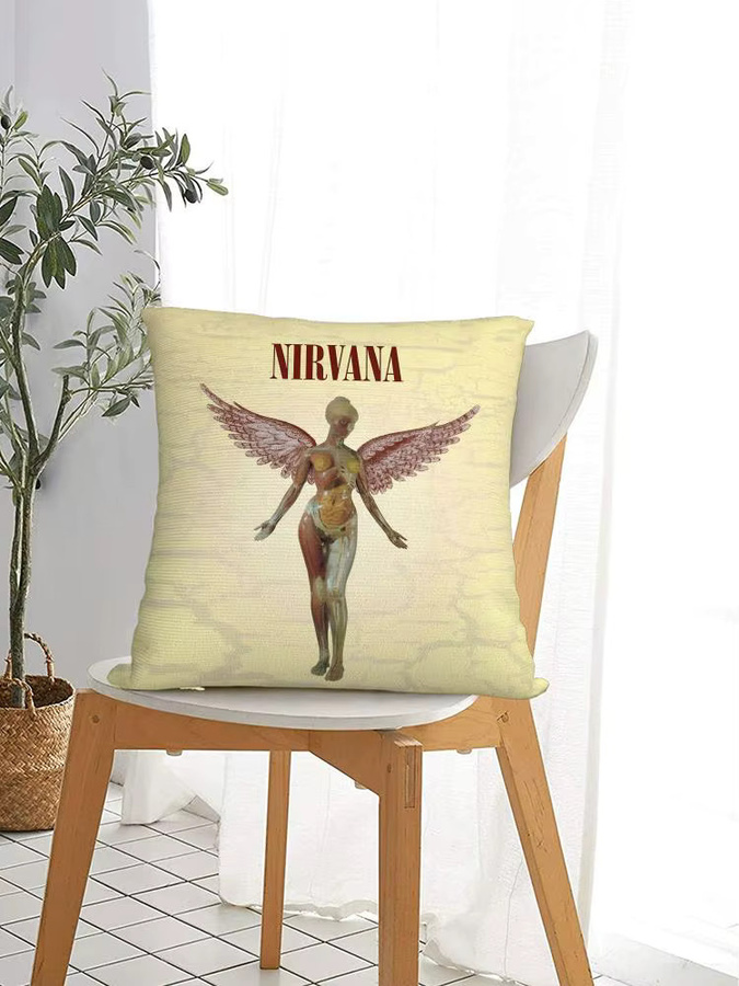 N-NirVana Band-Kissenbezug aus Bio-Leinen in Beige und Weiß mit doppelseitigem Grafikdruck - Bild 5