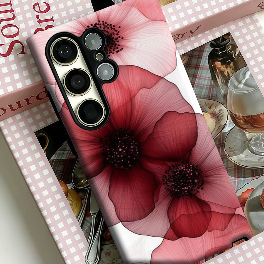 Stoßfeste Doppelschicht Handyhülle mit rotem und rosa Blumen-Design für Samsung Galaxy S25 Ultra, S24 und S23 Ultra Plus - Bild 4