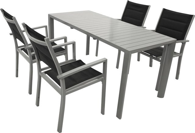 DEGAMO Gartenmöbel Garnitur BAGO 5-teilig aus Aluminium in Silbergrau mit schwarzem Kunstgewebe, ausziehbar, Tisch B: 120 cm, T: 70 cm, H: 42 cm - Bild 1
