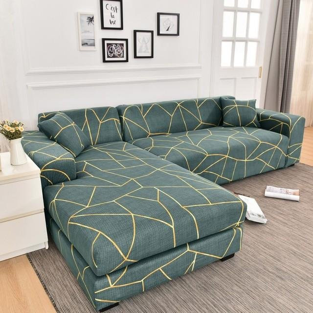 S-EMIGA Ecksofa-Schonbezug L-Form, elastischer Stretch-Bezug mit Grafikprint, Farbe: Grün, Breite: 90-140 cm - Bild 1