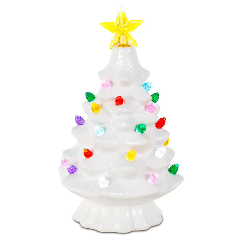 Dekorative Keramik-Weihnachtsbaum-Figur in Weiß und Mehrfarbig mit LED-Stern und Vintage-Design, Höhe: 17,78 cm - Bild 2