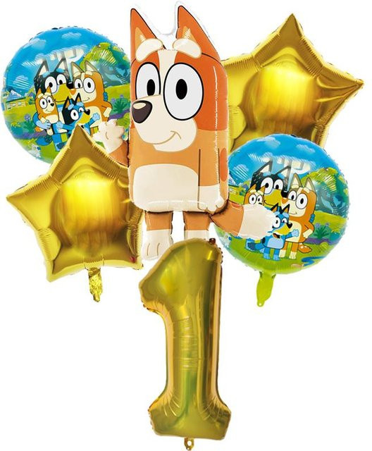 6 Stück Bluey Aluminiumballons mit Bingo und Sternen in Blau und Gold für deine Party Dekoration - Bild 1