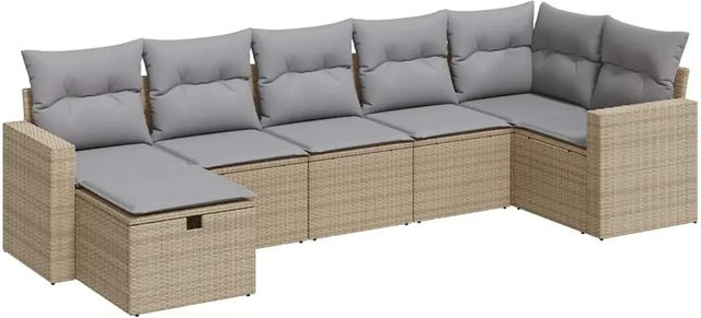 vidaXL 7-teilige Garten-Sofagarnitur in L-Form aus Poly-Rattan mit Kissen in Beige - Bild 1