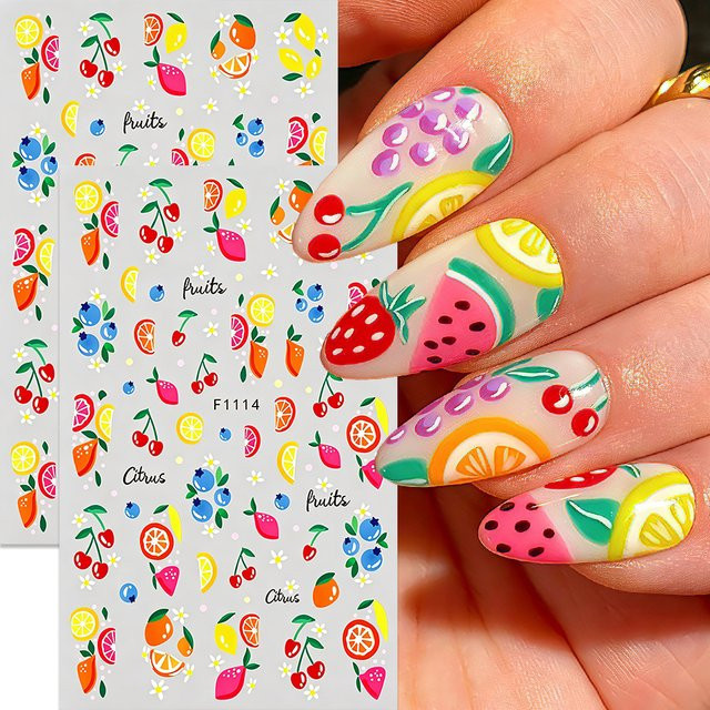 Full Beauty Nagelaufkleber Sommer-Frucht, Kirsche, Zitrone, Blaubeere, Erdbeere, Glänzend, 2 Stück - Bild 1