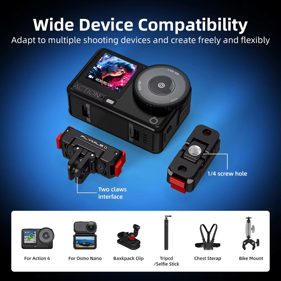 Flymile Magnetischer Adapter für DJI Action 6 und OSMO NANO Kamera Zubehör, Drehbare Schnellwechselbasis und Zweiklauen-Erweiterung in Schwarz - Bild 3