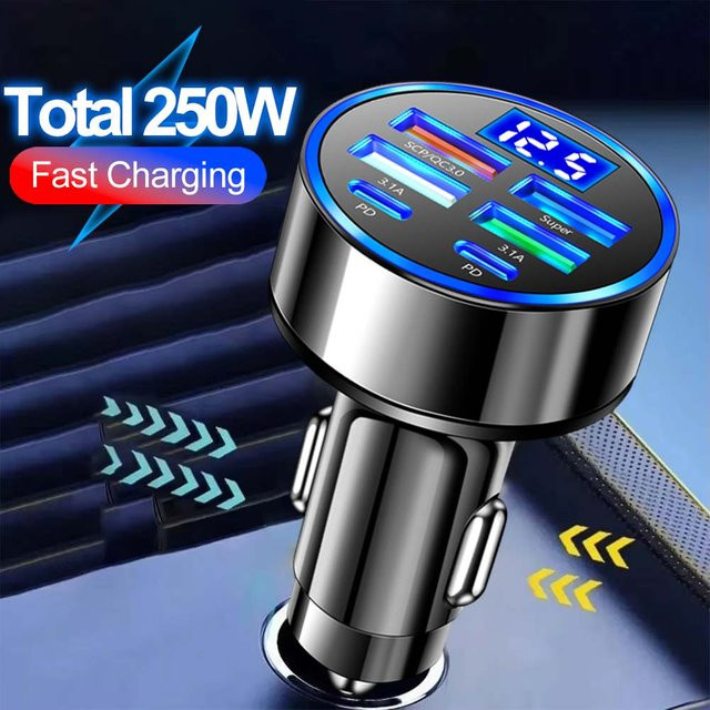 GUSEYEE USB-Autoladegerät mit 250 W, PD QC3.0 Schnellladung, USB-C Typ C Adapter für iPhone Samsung Huawei Xiaomi, Schwarz - Bild 1