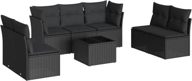 vidaXL 8-tlg Garten-Sofagarnitur in L-Form aus Polyrattan mit Kissen und Tisch, Schwarz - Bild 1