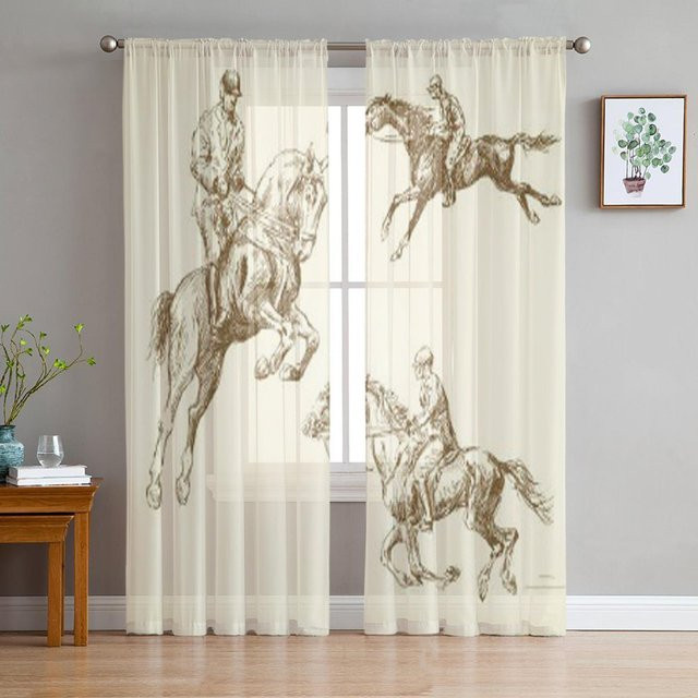 Super Six Pferde Tüll Vorhang mit Tiermotiv in Beige, Transparent, B: 135 cm, H: 183 cm - Bild 1