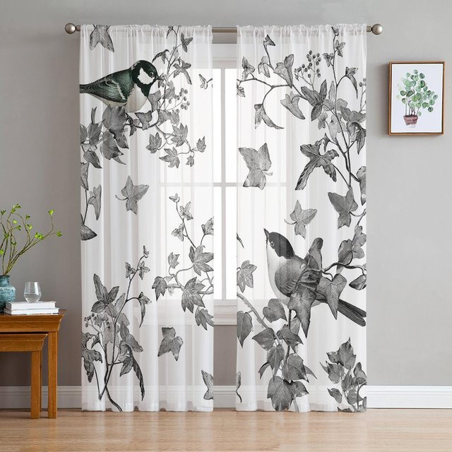 Yiran Furniture Transparente Tüllvorhänge mit Blumen und Aquarell-Vögeln, Weiß, B: 135 cm, H: 115 cm - Bild 1