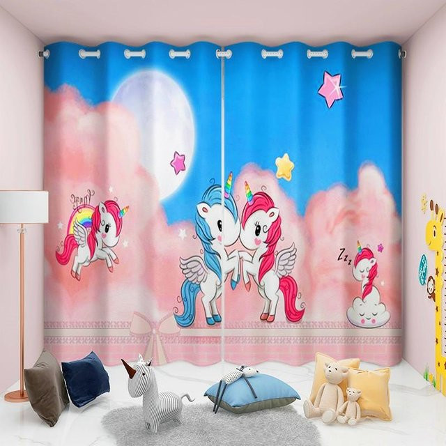 Yiran Furniture Einhorn Regenbogen Vorhänge für Kinder, 2er Set, Rosa/Mehrfarbig, Semi-transparent, Ösenaufhängung, B: 70 cm, H: 185 cm - Bild 1
