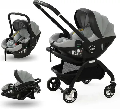 Kidilo 3-in-1 Kombikinderwagen mit Schlafkörbchen und Babyschale in Grün mit verstellbarem Griff
