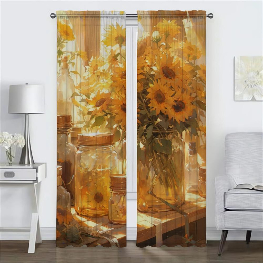 Sonnenblumen Vorhänge für Kinderzimmer und Schlafzimmer aus Polyester, 2er Set Verdunkelungsvorhänge mit Haken, Breite: 100 cm, Höhe: 130 cm - Bild 2