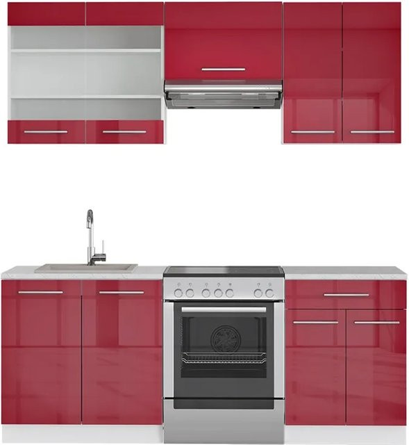 Vicco Küchenzeile Fame-Line Einbauküche in Bordeaux Rot mit Hochglanz Fronten und Soft-Close-Türen, Breite: 200 cm - Bild 2