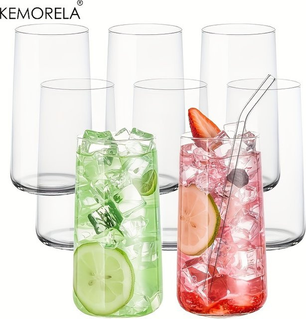 6er Set KEMORELA Highball Gläser aus Glas, transparent, 458,1 ml Trinkgläser inklusive Stroh für Whisky, Saft oder Cocktails - Bild 1