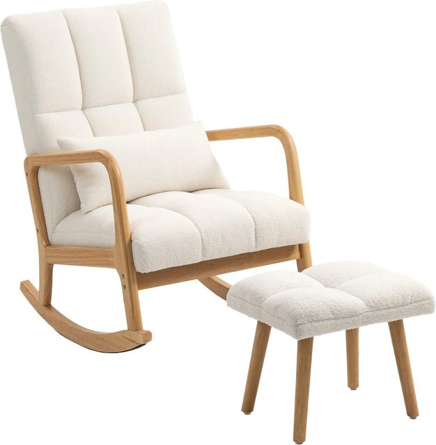 HOMCOM Schaukelstuhl mit Hocker aus Kautschukholz und Polyester in Weiß, Tiefe: 64,5 cm, Breite: 82 cm, Höhe: 99 cm - Bild 1