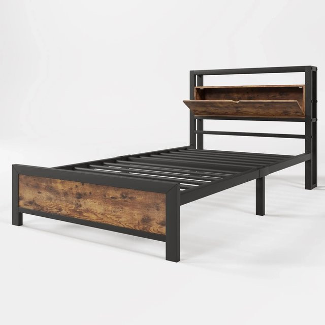 okwish Metallbett im industriellen Design mit Stauraum-Kopfteil und Metall-Lattenrost für Jugendliche, B/T/H: 90 x 200 x 120 cm - Bild 1