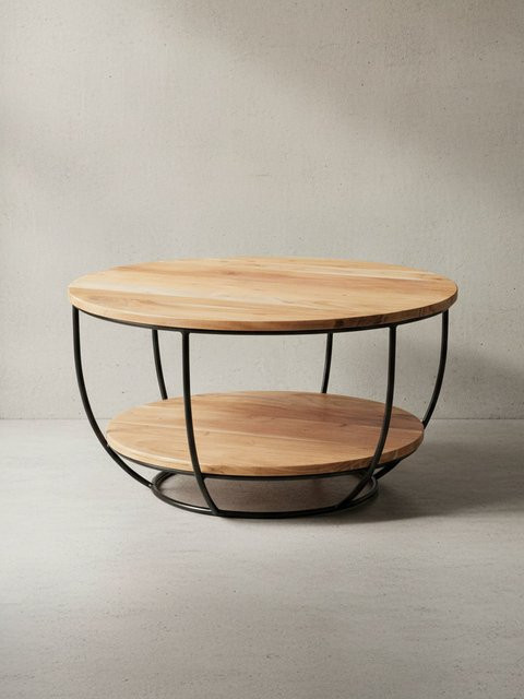 Runder Couchtisch aus Akazie Massivholz und Metall von KADIMA DESIGN im Industrial-Stil, Braun - Bild 1