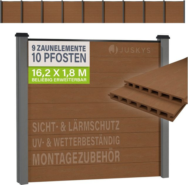 JUSKYS WPC Sichtschutzzaun 9er Set in Grau mit WPC- und Stahlkonstruktion - Bild 1