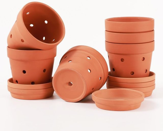 6er Set MINITAKING Terrakotta Orchideentöpfe mit Untertassen in Orange und Braun, 4 Zoll Pflanzentöpfe für Zimmerpflanzen - Bild 1
