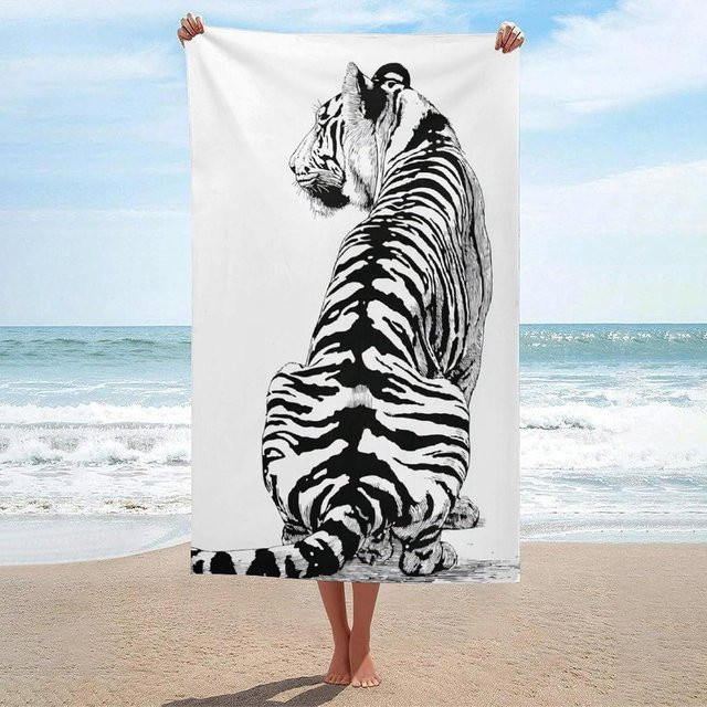 JMG Household Supplies Strandtuch mit Schwarz Weiß Tigerprint Kunst Design, schnelltrocknend und sandfrei, B/H: 50 x 100 cm - Bild 1