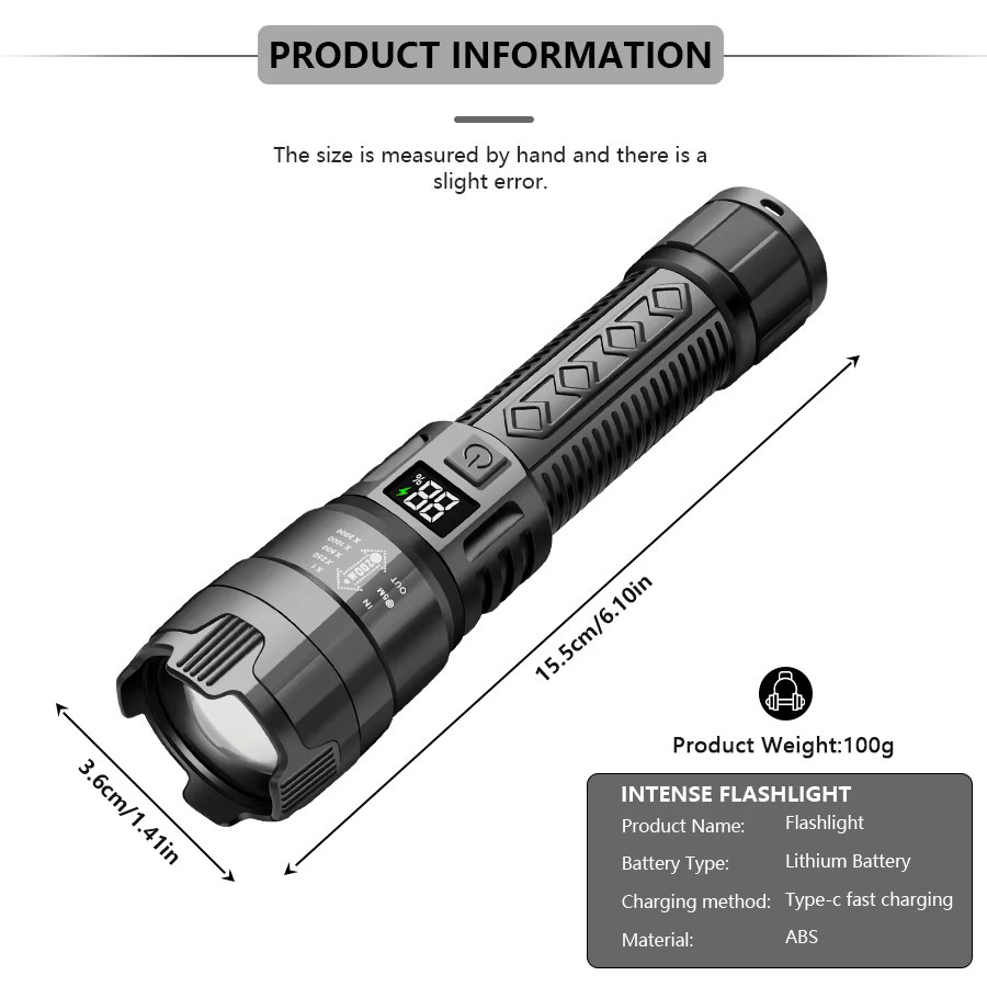 KDULIT USB aufladbare LED Taschenlampe mit Display in Schwarz für Camping, Angeln und Notfälle - Bild 4