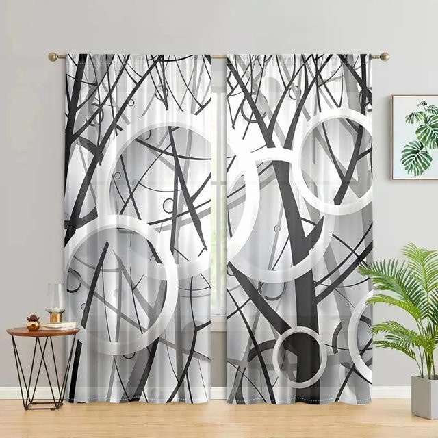 2er-Set halbtransparente Vorhänge mit abstraktem Baumschatten-Motiv in Weiß, Breite: 150 cm, Höhe: 166 cm - Bild 1