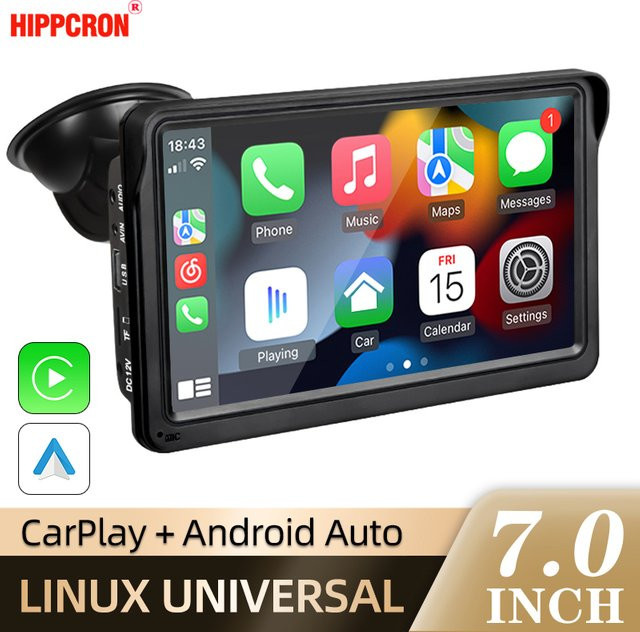 Hippcron 7 Zoll Autoradio Multimedia Videoplayer mit drahtlosem Carplay und drahtlosem Android Auto, tragbarer Universal-Touchscreen, Schwarz - Bild 1