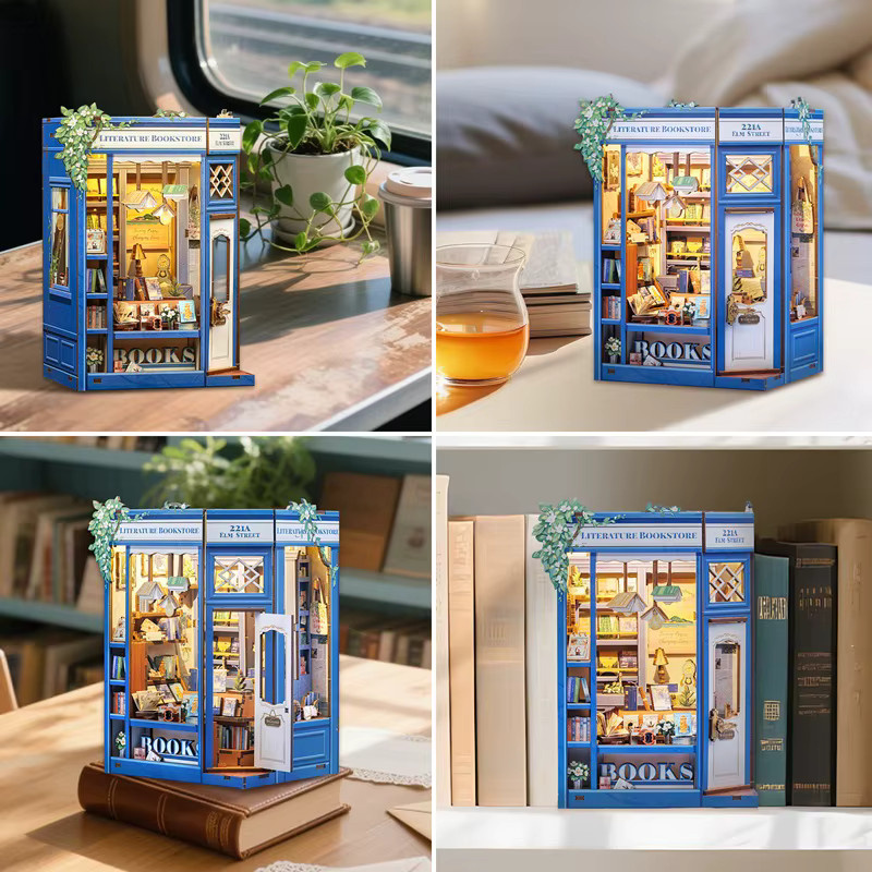 CUTEBEE Miniatur-Buchhandlungsset aus Holz mit warmen LED-Lichtern und detaillierter Einrichtung in Naturfarben als DIY-Modellbau-Set für Erwachsene und Teenager - Bild 2