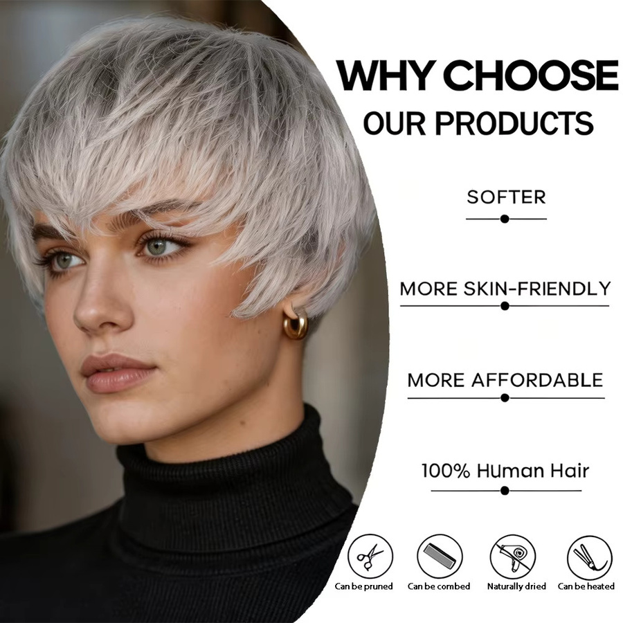 OYM HAIR Echthaar-Perücke, Pixie-Schnitt, grau, lockig, mit Pony - Bild 3