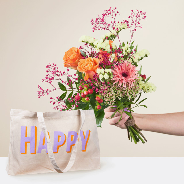 BLUME2000 Arrangement Valentina mit Shopper Happy Rosen Gerbera lightpink orange - Bild 1