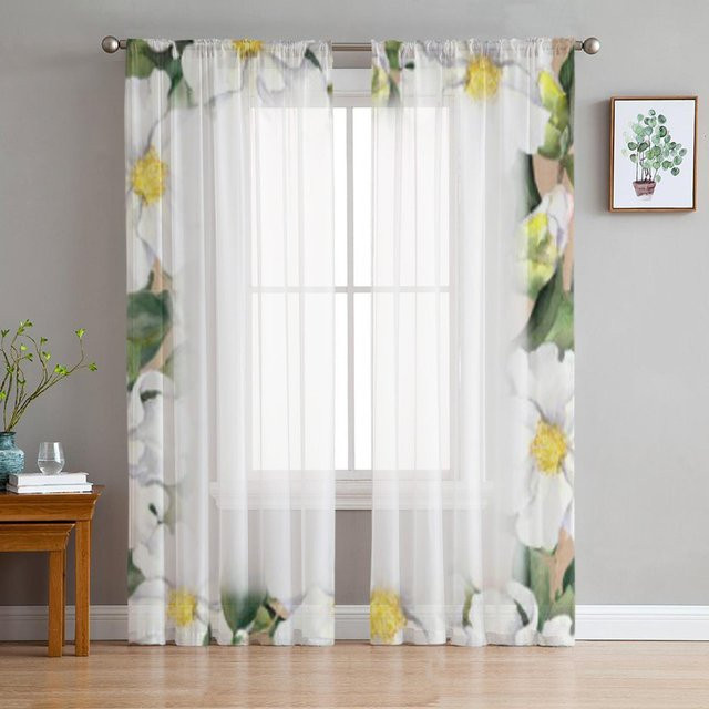 Super Six Transparenter Chiffon-Vorhang mit floralem Magnolien-Design in Weiß, B: 135 cm, H: 114 cm - Bild 1