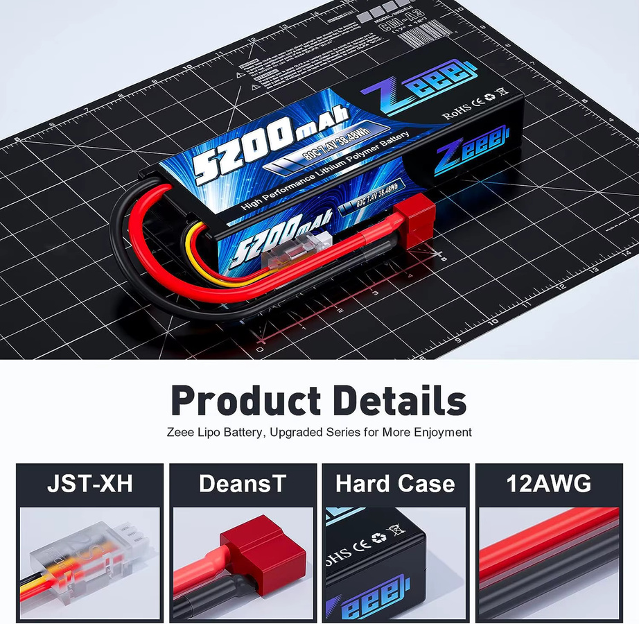 Zeee 2S 5200 mAh Lipo Batterie 80C mit T/XT60/EC5/EC3 Stecker 2-teiliges Set - Bild 2