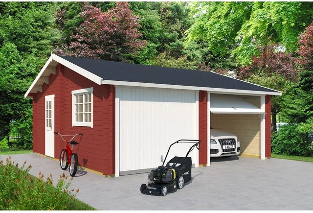 Lasita Maja Doppel-Holzgarage Falkland mit Schwingtor in Schwedenrot, B/T: 628,6 x 635 cm - Bild 1