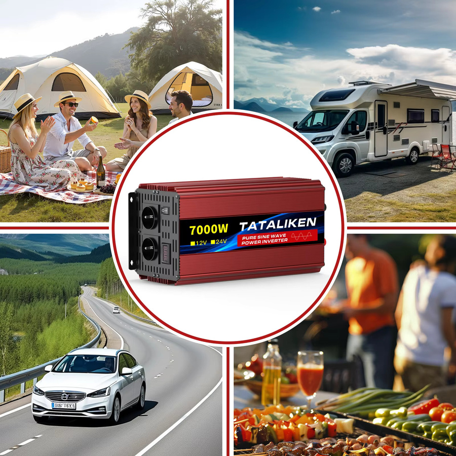 TATALIKEN Reiner Sinuswellen DC-AC Wechselrichter 6000W, 12V auf 220V 50Hz mit Euro-Steckdose und digitalem LCD-Display in Rot - Bild 2