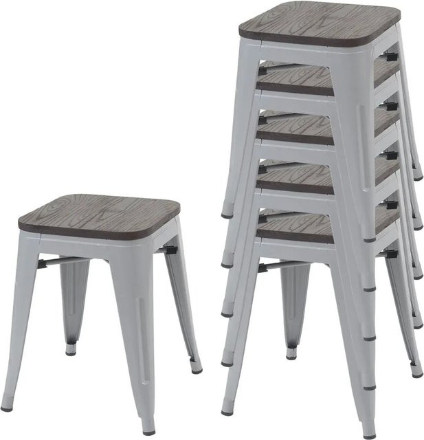 PROREGAL 6er-Set Stapelbare Hocker im Industrial-Design mit Ulmenholz-Sitzfläche und Metallgestell in Grau und Braun - Bild 1