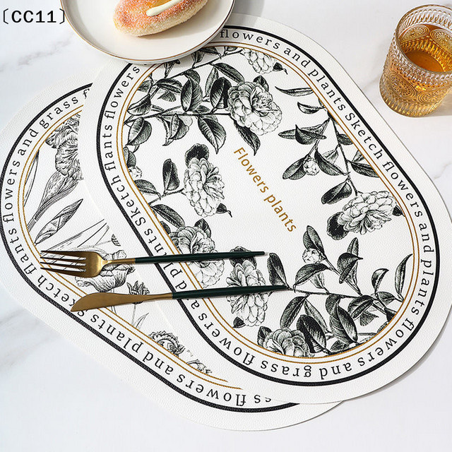 KuZHEN Tischsets aus PU-Leder in Weiß mit floralem Vintage-Design, oval und wasser- sowie ölbeständig - Bild 1
