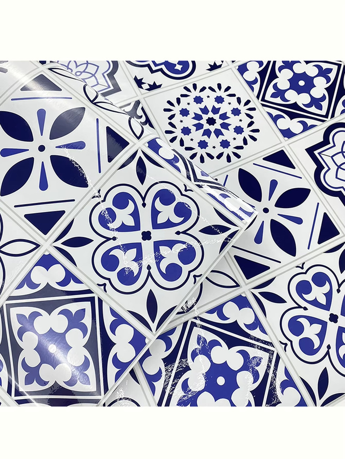 Selbstklebende Tapete mit geometrischem Muster in Blau, ölbeständige Fliesentapete für Küche und Badezimmer, 1 Rolle - Bild 5