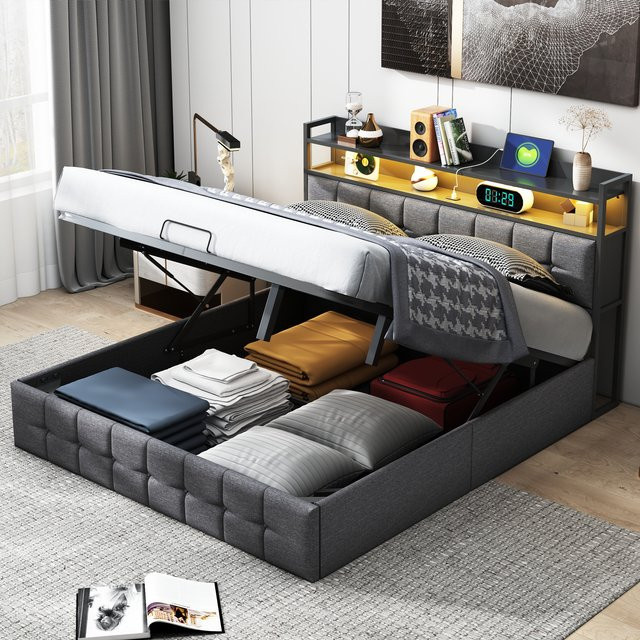 Doppelt gepolstertes Bett mit Stauraum und LED-USB-Anschluss in Grau, B/T: 140 x 200 cm - Bild 1