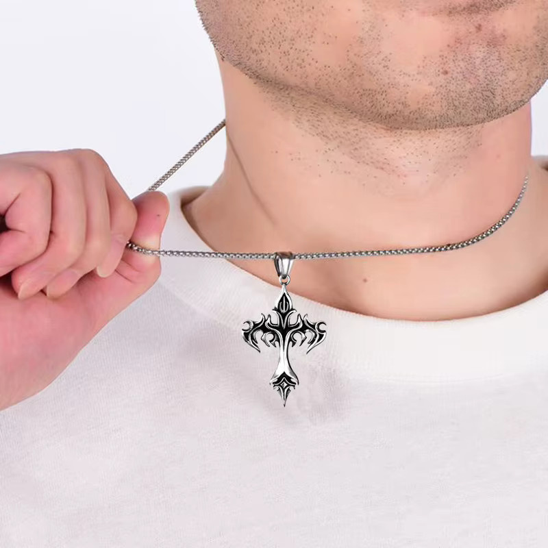 HNSP Halskette mit Flammenkreuz-Anhänger, Edelstahl, Silber, 60 cm, Herren - Bild 2