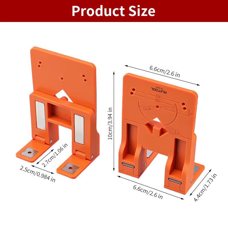 RUITOOL Magnetischer Scharnier-Lokalisierer in Orange aus Kunststoff für Schrank-Scharnier Installationen mit Bohrleitfaden für gerade, mittlere und große Kurven - Bild 2