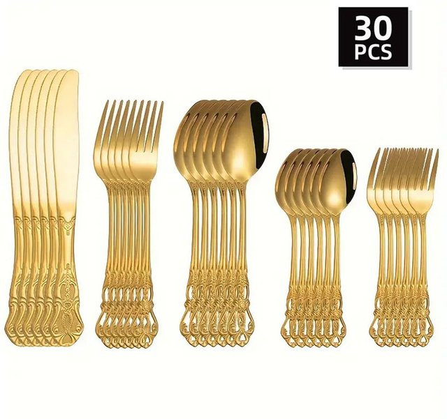 Huangting Besteckset aus Edelstahl in Gold, 30-teilig mit Steakmesser, Gabel, Löffel und Dessertbesteck - Bild 1