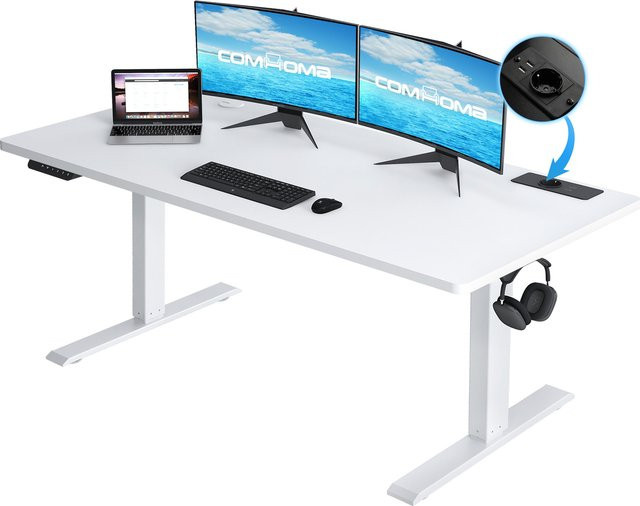 Comhoma Elektrisch Höhenverstellbarer Schreibtisch in Weiß mit USB-Buchse und Haken, Moderner Steh-Sitztisch für das Home-Office - Bild 1
