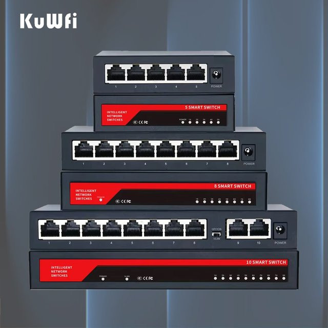 KuWFi Gigabit Netzwerk Switch mit 10 Ports, 8 Ports PoE, 1000 Mbit/s Ethernet Switch für IP-Kameras, Schwarz - Bild 1