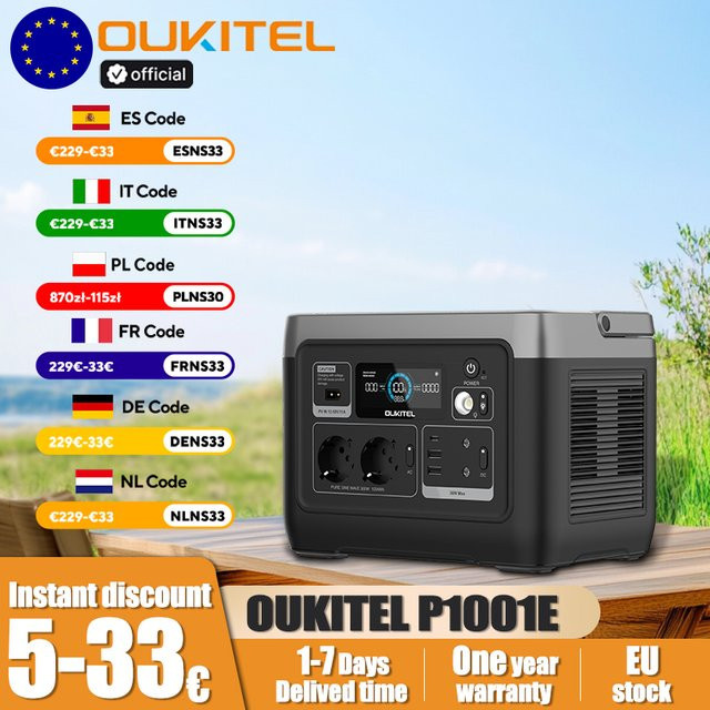 OUKITEL P1001E Tragbare Powerstation mit 1004,8Wh, 300W AC und 600W Spitzenleistung, LiFePO4 Akku, 200W Solar-Eingang und USV-Funktion, Reine Sinuswelle, 230V EU - Bild 1