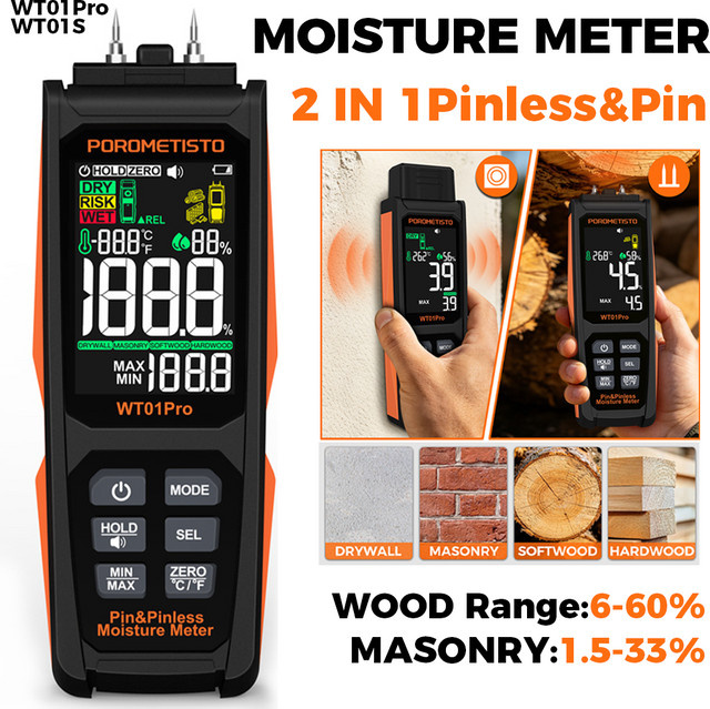 POROMETISTO 2-in-1 Digitales Holzfeuchtemessgerät mit und ohne Stifte, Feuchtigkeitsmesser für Holz und Beton, Schwarz - Bild 1