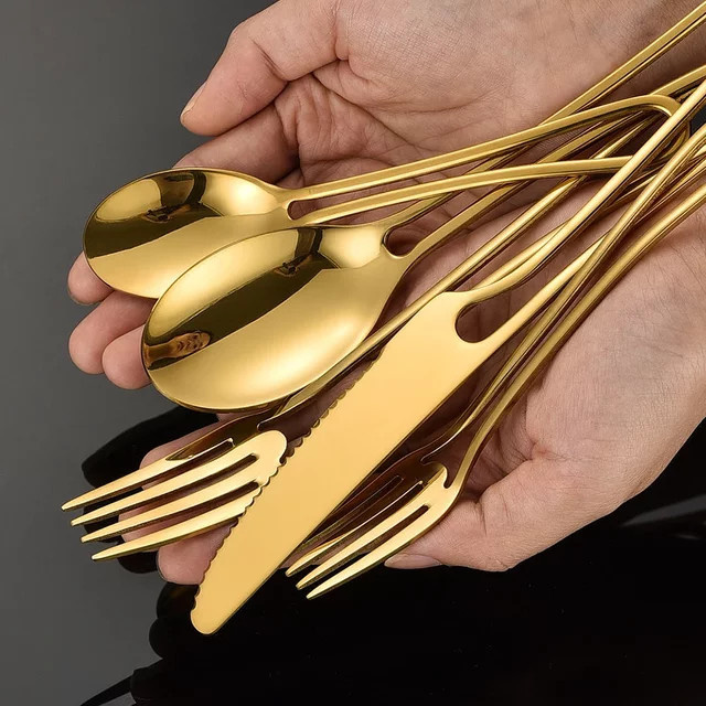 4-teiliges Besteckset aus Edelstahl von JANKNG mit ausgehöhltem Griff in Silber oder Gold, bestehend aus Messer, Gabel und Löffel - Bild 1