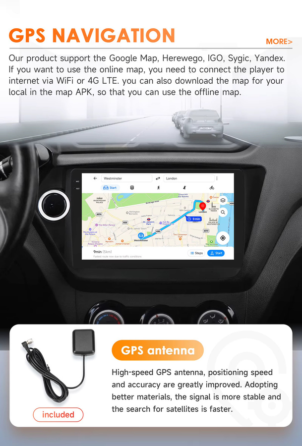 Hizpo Android 14 Autoradio für Kia RIO 3 mit CarPlay, GPS-Navigation, Multimedia-Player und 360-Grad-Kamera in Schwarz - Bild 4