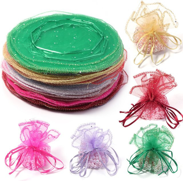 10 Stück Louleur Organza-Beutel mit Kordelzug, runde transparente Geschenktüten in Bunt, Durchmesser: 26 cm - Bild 1